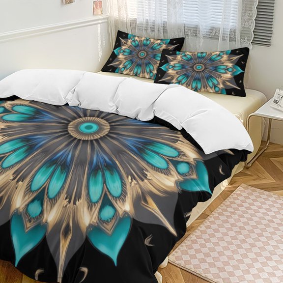 Golden Teal Mandala Art Duvet Cover Set Bedding Set Polyester Quilt Cover for Bedroom Decoration