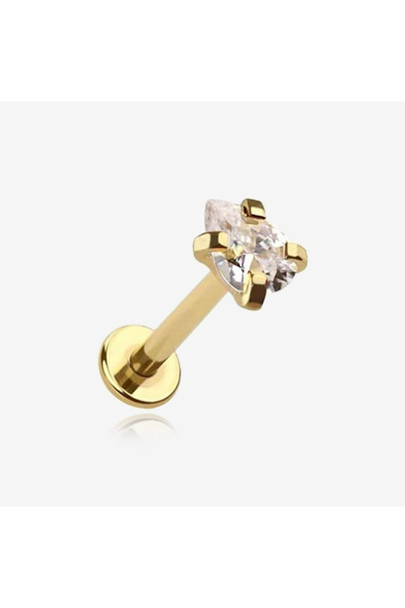 Golden Teardrop Prong Set Sparkle Top Internally Threaded Labret Flat Back Stud