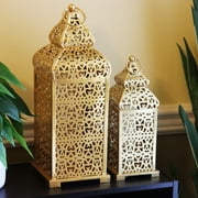 Golden Temple Moroccan Style Lantern Decorative Candle Holder for Ramadan, Indoor Home Decor, Outdoor Patio, Gold, Set of 2