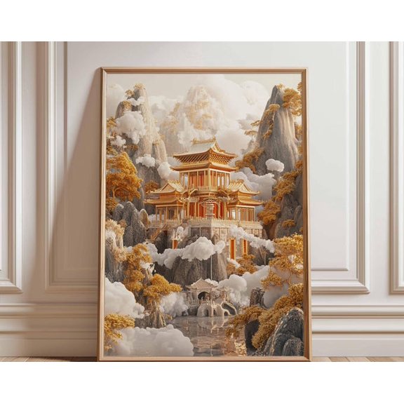 Golden Temple Mountain Cloud Wall Art Print, Unframed Paper Poster 24x36in