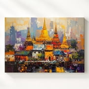 Golden Temple Skyline Abstract Asian Pagoda Cityscape Wall Art, Modern Living Room And Office Decor