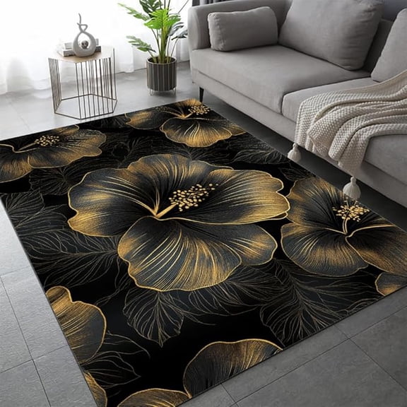 Golden Texture Flowers Area Rugs, Abstract Petals Leaves 3D Print Carpet, Washable Rugs Mat, Non-Slip Home Decor Thermal Carpet for Office Activity Room Hallway Entryway 5 x 8ft