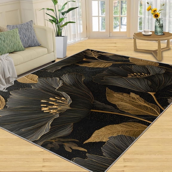 Golden Texture Flowers Area Rugs,Abstract Petals Leaves 3D Print Pattern Carpet, Washable Rugs Mat, with Nonslip Backing Carpet, for Indoor Bedroom Living Room Home Office-2' x 3'