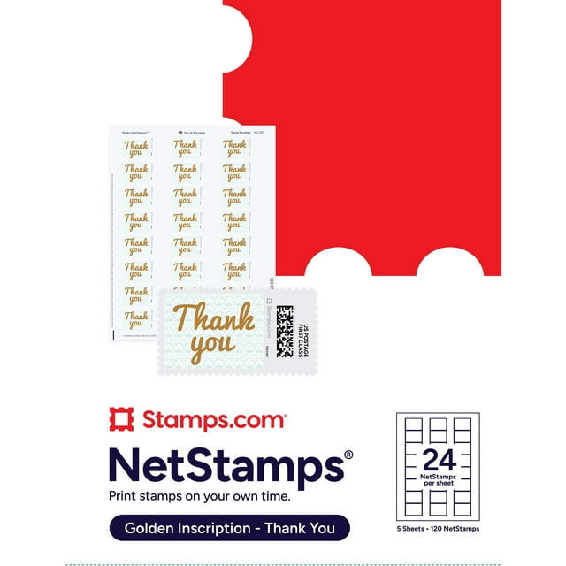 Golden Thanks NetStamps 120 ct - Blank Postage Labels - NOT Forever Stamps