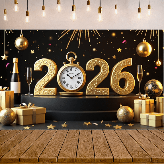 Golden Theme 2026 New Year Countdown Backdrop Clock Design Festive Decoration Celebration Banner for New Year's Eve Party Holiday Celebration Indoor Decoration
