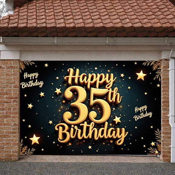 Golden Theme 35th Birthday Banner Starry Design Birthday Backdrop Sparkling Elements 3D Lettering Display for 35th Birthday Party Adult Birthday Celebration Photo Shoot