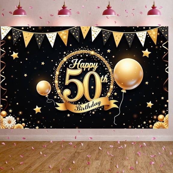Golden Theme 50th Birthday Banner Star Decor Golden Birthday Display Balloon Design Triangle Banner Backdrop for 50th Birthday Party Adult Celebration Anniversary Event