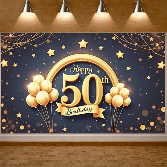 Golden Theme 50th Birthday Banner Starry Design Display Balloon Decor Navy Blue Background Milestone Backdrop for 50th Birthday Party Anniversary Celebration Indoor Decoration