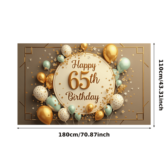 Golden Theme 65th Birthday Banner Festive Decoration Balloon Design Party Backdrop for Senior Celebration Event Indoor Setup