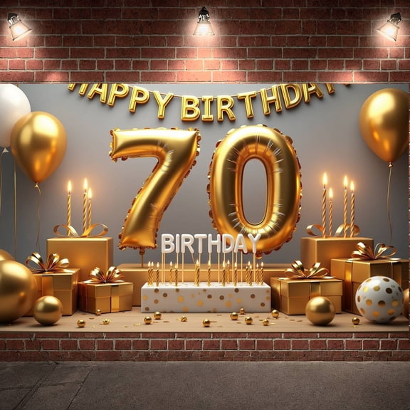 Golden Theme 70th Birthday Banner Luxury Style Display Metallic Balloons Gift Box Decor Celebration Backdrop for 70th Birthday Party Family Celebration Anniversary Event