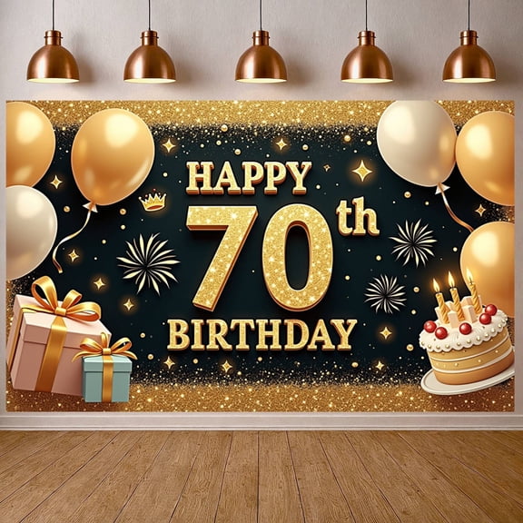 Golden Theme 70th Birthday Banner Sparkling Design Happy Birthday Display Balloon Decor Gift Box 70th Celebration Backdrop for 70th Birthday Party Senior Celebration Milestone Event