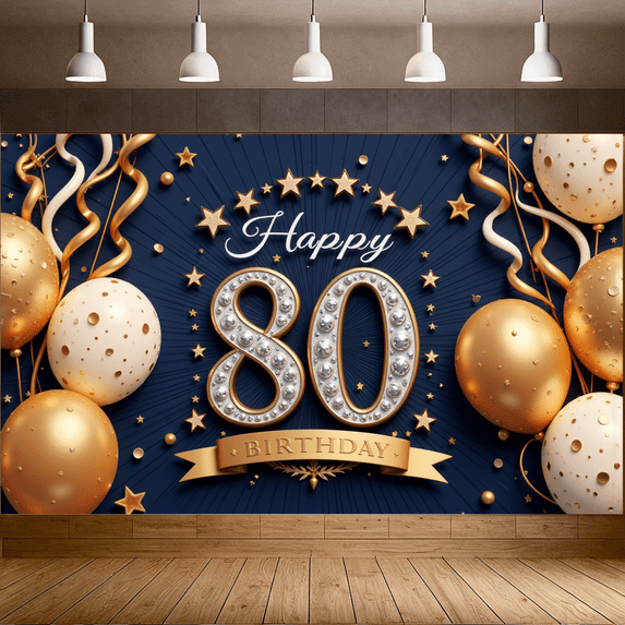 Golden Theme 80th Birthday Banner Decorative Design Milestone Birthday Banner for Birthday Party Celebration Indoor Decoration