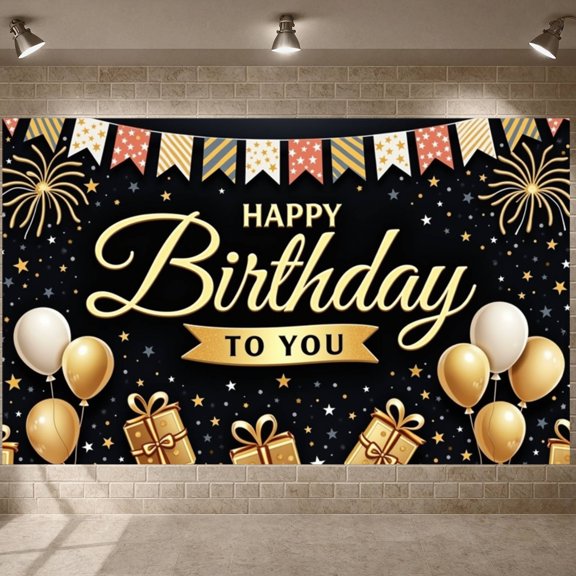 Golden Theme Banner Black Background Birthday Party Backdrop Star Decor Balloon Design Celebration Display for Birthday Party Kids Party Photo Shoot
