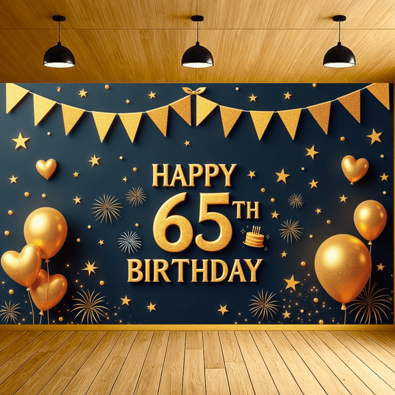 Golden Theme Banner Decorative Design 65th Birthday Party Backdrop for Adult Celebration Indoor Event