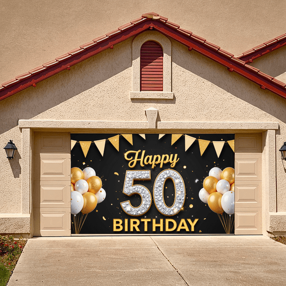 Golden Theme Birthday Party Banner Happy 50th Celebration Banner for Milestone Event Indoor Decoration Anniversary