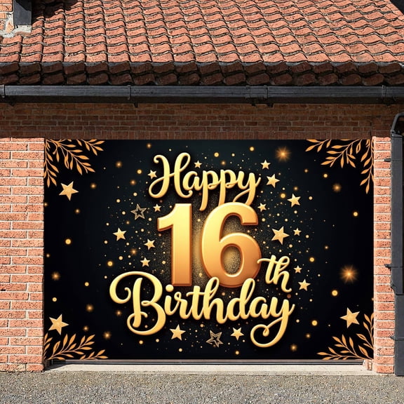 Golden Theme Happy 16th Birthday Banner Star Decorated Sweet 16 Display Sparkling Design Black Background 16th Celebration Banner for Sweet 16 Party Teen Birthday Celebration Birthday Photo Shoot