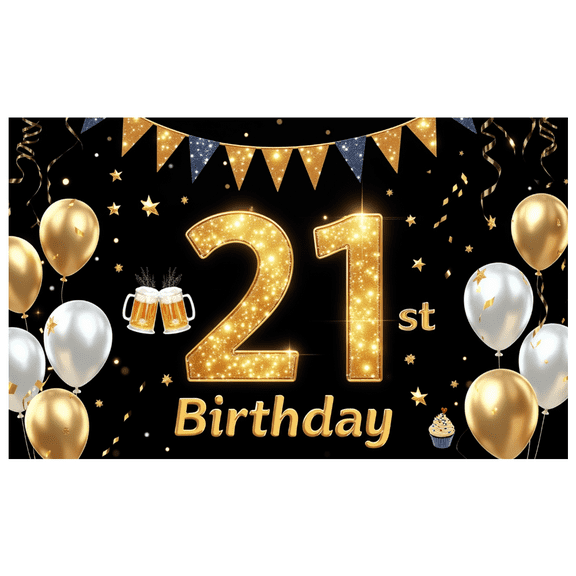 Golden Theme Happy 21 Birthday Banner Decorative Design Party Celebration Event Decoration for Adult Birthday Beer Celebration Milestone Party