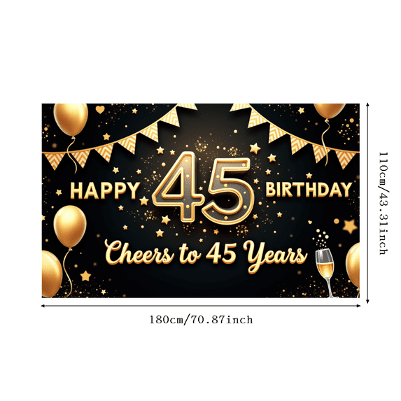 Golden Theme Happy 45th Birthday Decorative Cheers Banner for Adult Party Celebration Indoor Backdrop