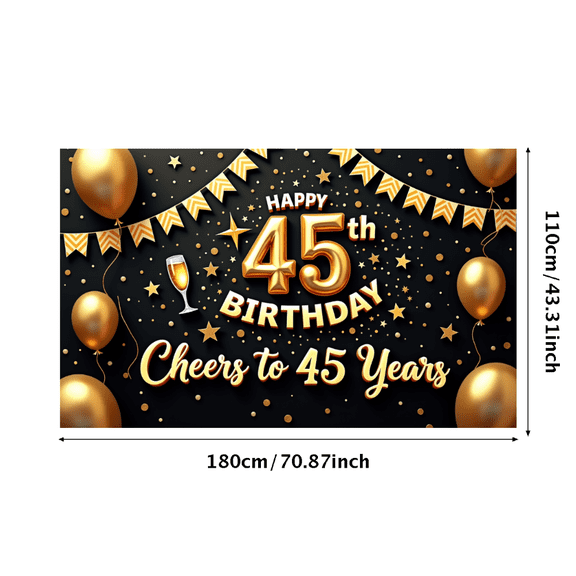 Golden Theme Happy 45th Birthday Decorative Cheers Banner for Adult Party Celebration Indoor Backdrop