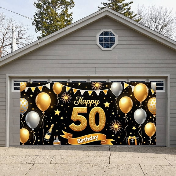 Golden Theme Happy 50 Birthday Banner Silver Accent 50th Birthday Display Star Pattern Firework Design Party Backdrop for 50th Birthday Party Indoor Decoration Photo Shoot
