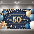 thumbnail image 1 of Golden Theme Happy 50th Birthday Banner Blue & Gold 50th Birthday Display Star Pattern Gift Box Design Golden Jubilee Backdrop for 50th Birthday Party Adult Celebration Family Gathering, 1 of 9