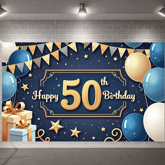 Golden Theme Happy 50th Birthday Banner Blue & Gold 50th Birthday Display Star Pattern Gift Box Design Golden Jubilee Backdrop for 50th Birthday Party Adult Celebration Family Gathering