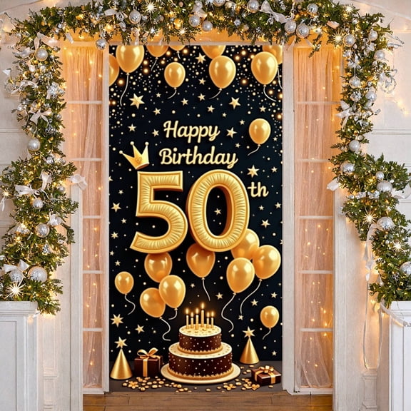 Golden Theme Happy 50th Birthday Banner Crown Design 50th Birthday Display Starry Elements Luxury Milestone Birthday Backdrop for 50th Birthday Party Adult Celebration Anniversary Event