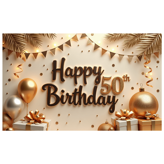 Golden Theme Happy 50th Birthday Banner Decorative Design Party Decoration Celebration Banner for Birthday Party Indoor Decoration Photo Shoot