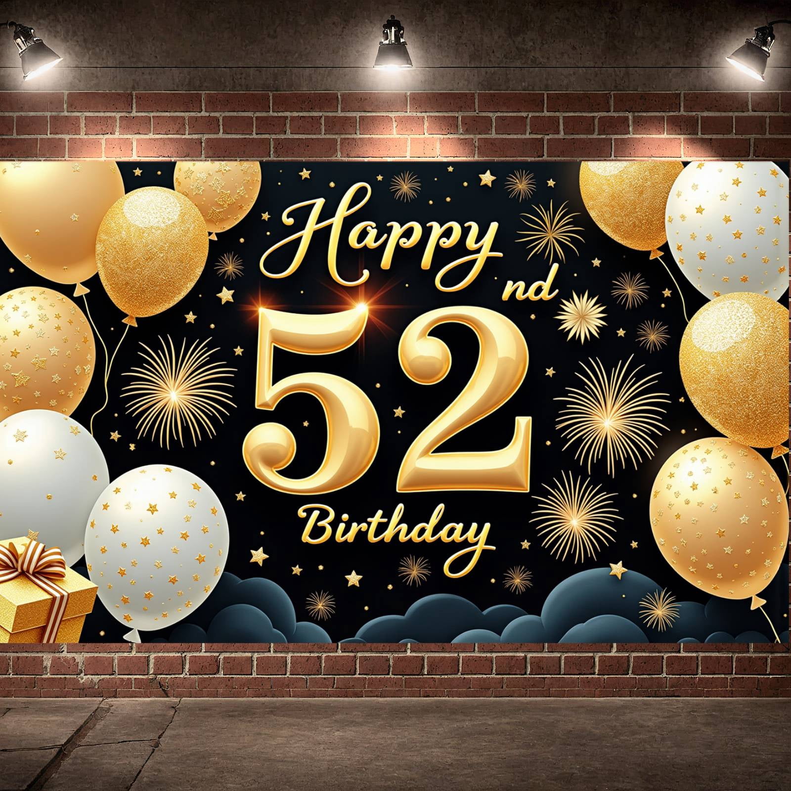 Golden Theme Happy 52nd Birthday Banner Sparkling Fireworks 52nd ...