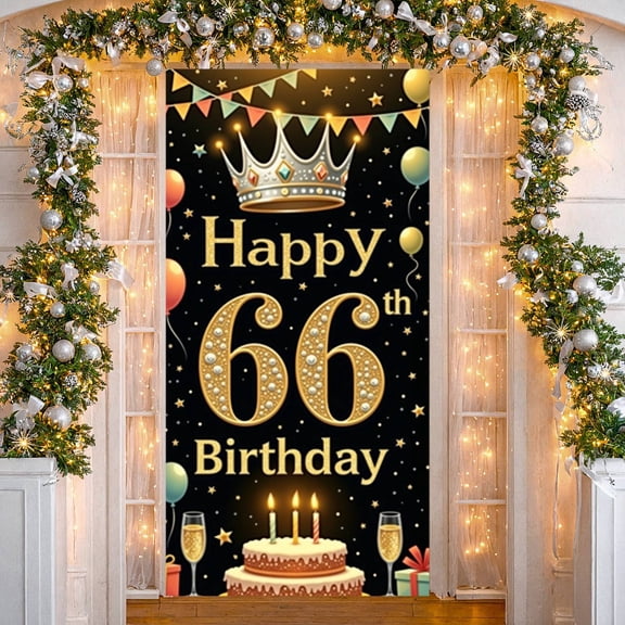 Golden Theme Happy 66th Birthday Banner Royal Crown Design 66th Birthday Display Balloon Decor Star Pattern Birthday Party Backdrop for 66th Birthday Party Adult Birthday Celebration Luxury Event