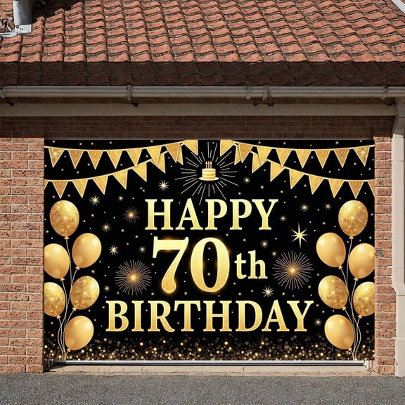 Golden Theme Happy 70th Birthday Banner Glittery Design 70th Birthday Display Balloon Decor Firework Pattern 70th Anniversary Backdrop for 70th Birthday Party Senior Celebration Indoor Decoration
