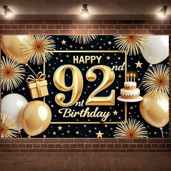 Golden Theme Happy 92nd Birthday Banner Star Pattern 92nd Birthday Display Firework Design Gift Box Decor 92nd Birthday Backdrop for 92nd Birthday Party Senior Birthday Celebration Milestone Party