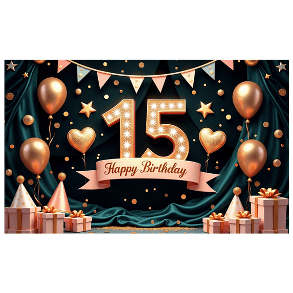 Golden Theme Happy Birthday Banner Decorative Design 15th Birthday Celebration Balloon Decor Photo Prop for Teen Party Holiday Celebration Event Decoration