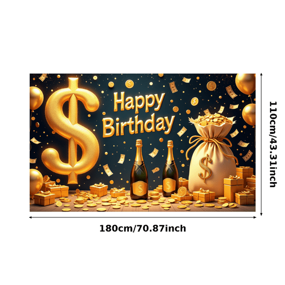 Golden Theme Happy Birthday Banner Decorative Design Party Backdrop for Birthday Celebration Indoor Party Event