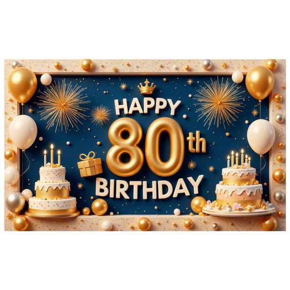Golden Theme Happy Birthday Banner Decorative Elements 80th Birthday Party Backdrop for Milestone Celebration Event Decoration Indoor Party