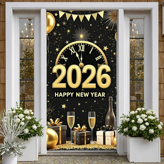 Golden Theme Happy New Year Banner Clock Design 2026 New Year Display Firework Decor Gift Box Pattern New Year Backdrop for New Year Party 2026 Celebration Holiday Gathering
