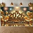 thumbnail image 1 of Golden Theme Happy New Year Banner Crown Decoration 2026 New Year Display Balloon Design Firework Pattern New Year Backdrop for New Year Party 2026 Celebration New Year Eve, 1 of 9