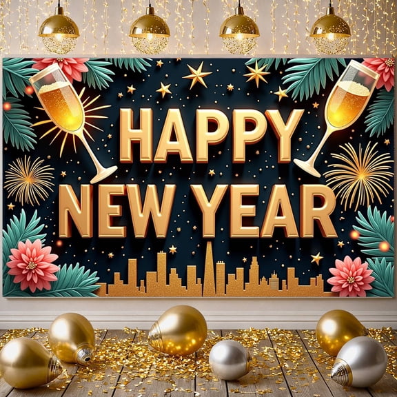 Golden Theme Happy New Year Banner Festive New Year Banner Champagne Design Fireworks Pattern Celebration Banner for New Year Party Holiday Celebration Family Gathering