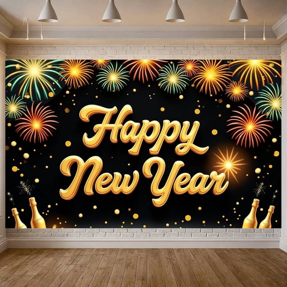 Golden Theme Happy New Year Banner Firework Design New Year Display Festive Sparkling Decor Festive Backdrop for New Year Party Holiday Celebration Indoor Event