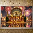 thumbnail image 1 of Golden Theme Happy New Year Banner Fireworks Design 2026 New Year Banner Clock Pattern Champagne New Year Celebration Banner for New Year Party New Year's Eve Celebration Home Decoration, 1 of 9