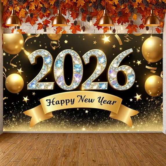 Golden Theme Happy New Year Banner Sparkling Crystal 2026 New Year Display Glittering Stars Gold Balloons New Year Backdrop for New Year Party 2026 Celebration Indoor Decoration