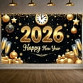 thumbnail image 1 of Golden Theme Happy New Year Banner Sparkling Design 2026 New Year Display Clock Champagne Glass Decor New Year Backdrop for New Year Party New Year Eve Holiday Celebration, 1 of 9