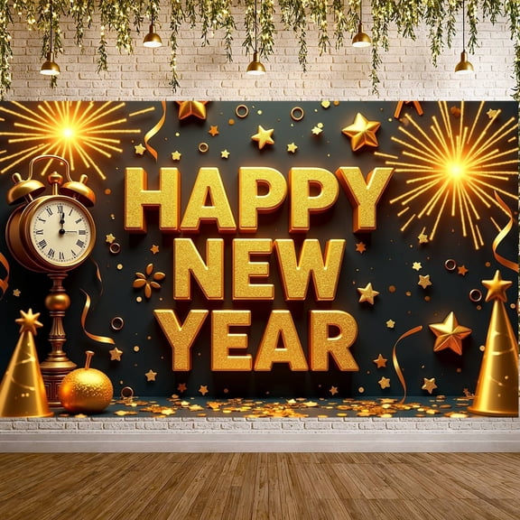 Golden Theme Happy New Year Banner Sparkling Design New Year Display Star Decorated Firework Pattern Festive Backdrop for New Year Party Holiday Celebration Indoor Decoration
