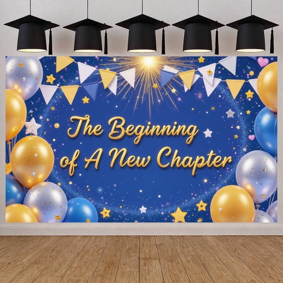 Golden Theme New Chapter Banner Blue Background Celebration Display Silver Balloons Star Decorations Milestone Backdrop for Graduation Party Career Milestone Birthday Celebration