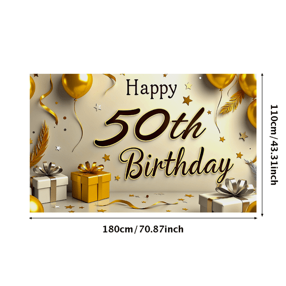Golden Themed 50th Birthday Backdrop Banner with Balloons Stars and Gift Boxes Happy Birthday Party Supplies Photography Props Decors
