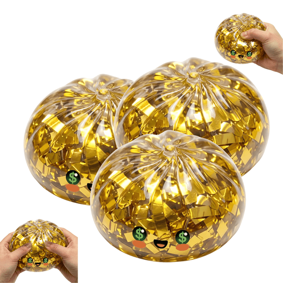 Golden Ticket Edition Glitter Dumpling Squeeze Balls, Golden Glitter Dumpling Squishy Toys with Steamer, Fun Cute Bun Sensory Fidget Toys for Teens and Adults, Stress Relief & Desk Decor, Gold