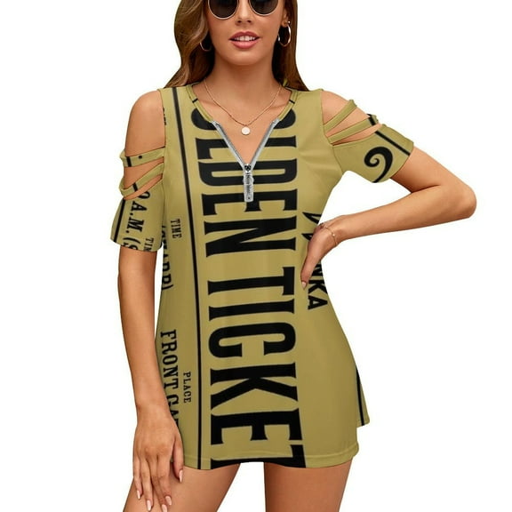 Golden Ticket Womens Summer V Neck Zipper Top Short Sleeve T Shirt Off Shoulder Top Casual Classy Loose Shirts