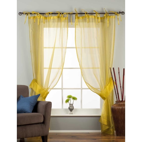 Golden Tie Top Sheer Tissue Curtain With Tie Back / Drape / Panel - 96" - Pair
