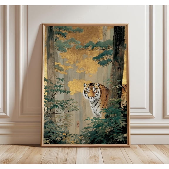 Golden Tiger Japanese Style Jungle Bengal Nature Wildlife Poster, Artistic Nature Inspired Theme For Bedroom, Office And Home Decor