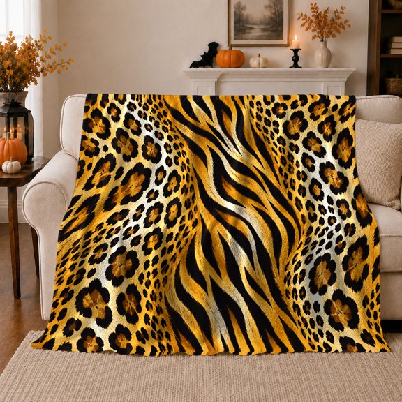 Golden Tiger Leopard Safari, Dramatic Artistic Scene, Warm Flannel Blanket for Cabin and Lodge with Detailed Artwork, Wildlife Lovers Housewarming Gift, Artistic Home Decor